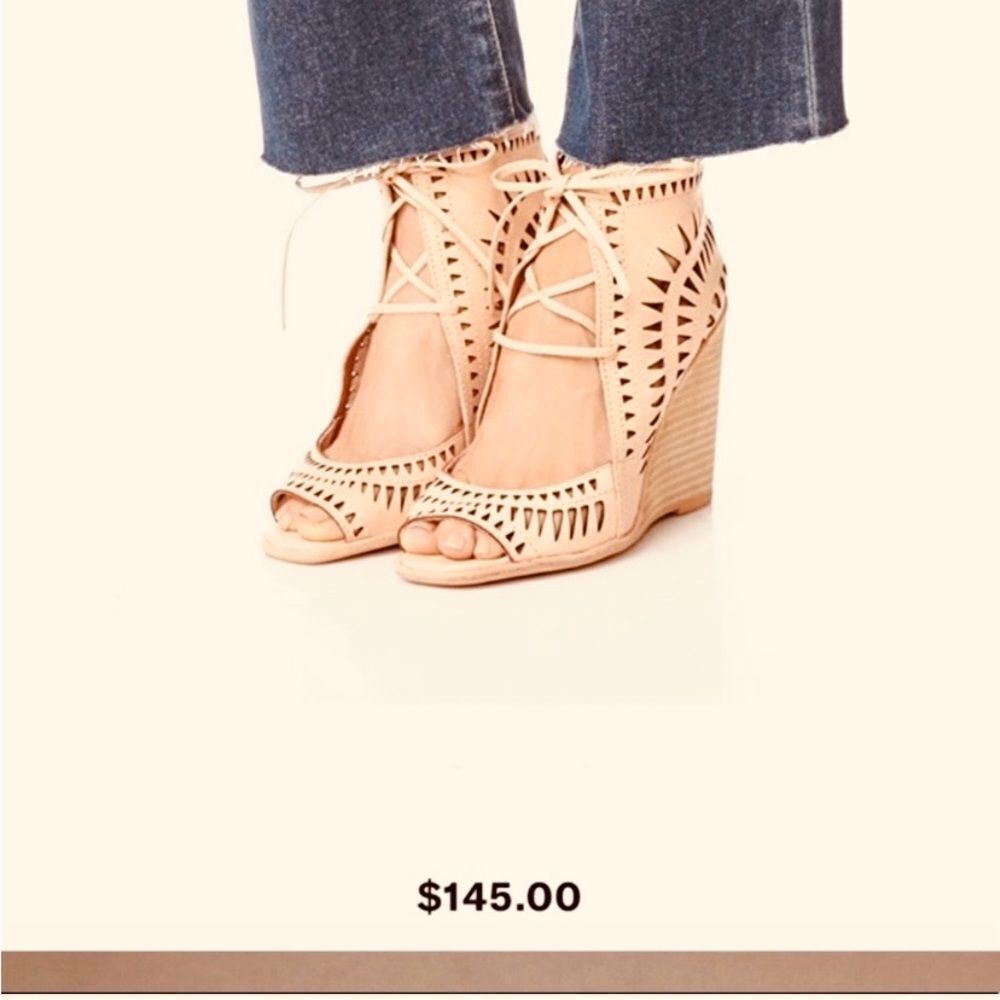 ✨Jeffrey Campbell x Free People Serena Lt Grey Laser Cut Leather Wedge Sandal🌷✨ - Picture 3 of 16